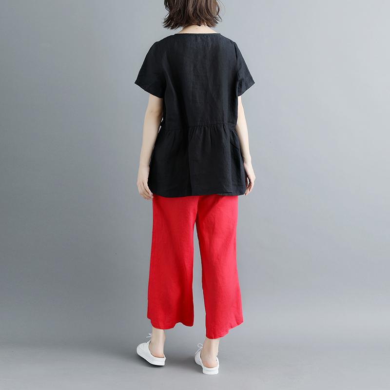 Linen Blouse Pleated Summer Short Sleeve Round Neck Black Tops