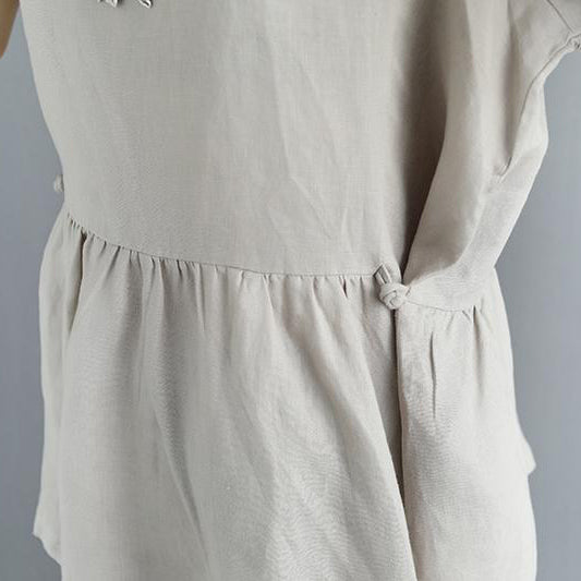 Linen Blouse Pleated Summer Short Sleeve Round Neck Black Tops