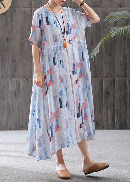 Linen Clothes Fine Print Short Sleeve A-line Round Neck Dress