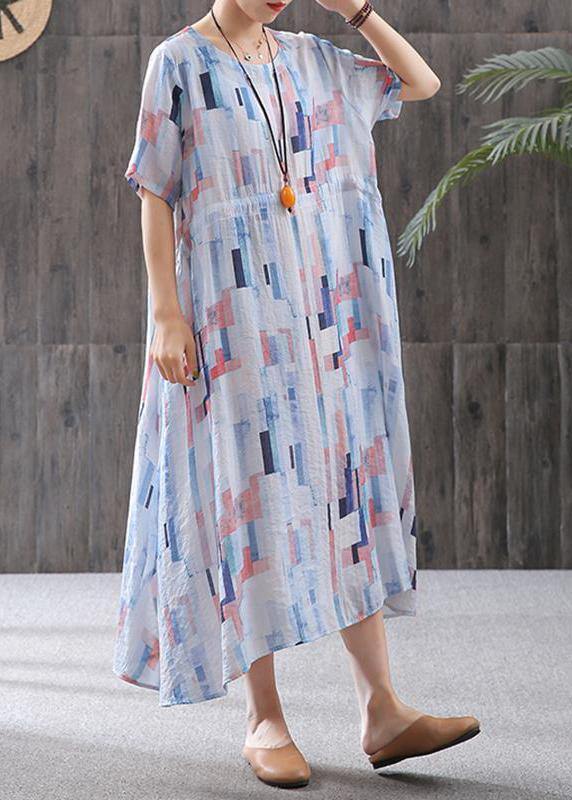 Linen Clothes Fine Print Short Sleeve A-line Round Neck Dress