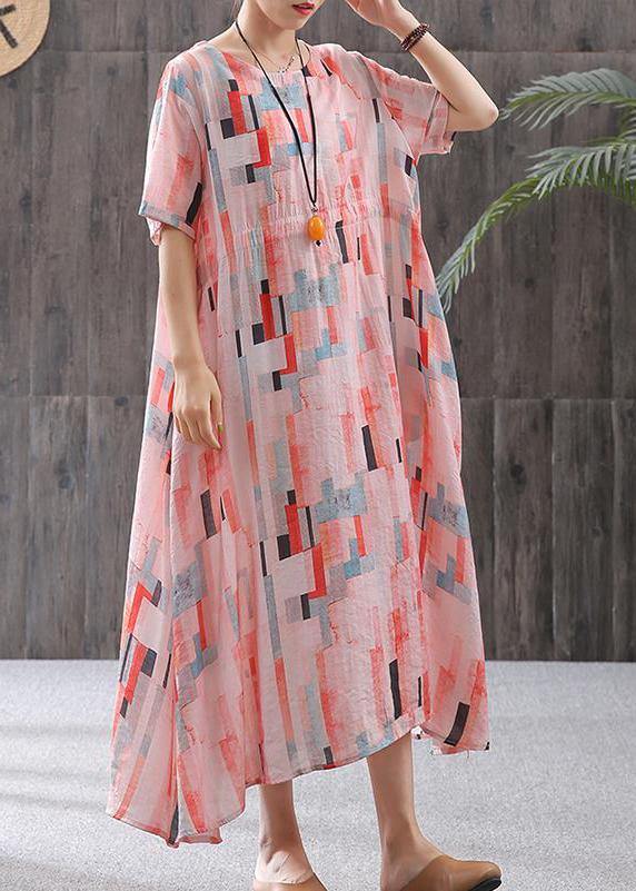 Linen Clothes Fine Print Short Sleeve A-line Round Neck Dress