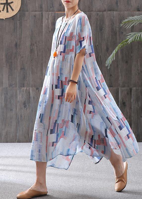 Linen Clothes Fine Print Short Sleeve A-line Round Neck Dress
