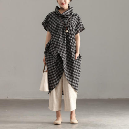 Linen Cotton Tops Mock Neck Short Sleeve Lattice Irregular Tops