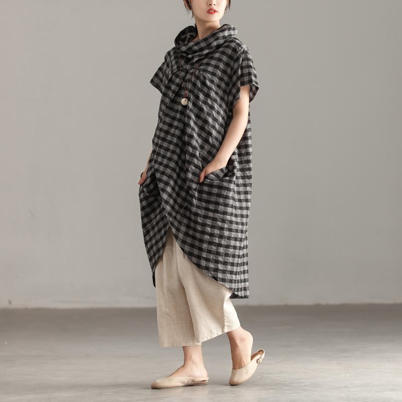 Linen Cotton Tops Mock Neck Short Sleeve Lattice Irregular Tops