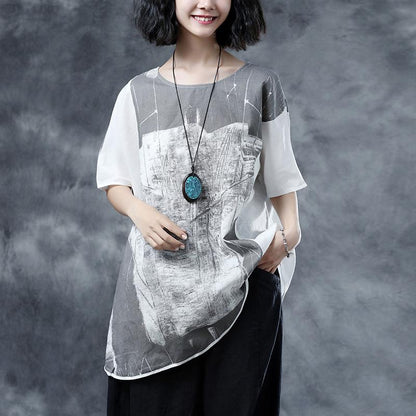 Linen Summer Top Short Sleeve Abstract Pattern White Summer Blouses Shirts