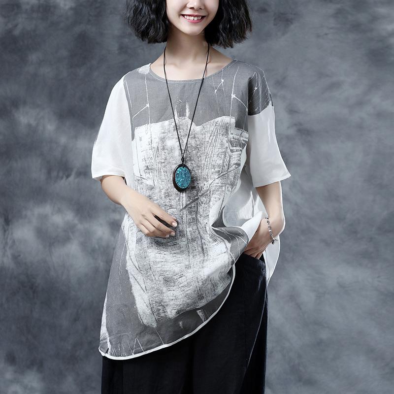 Linen Summer Top Short Sleeve Abstract Pattern White Summer Blouses Shirts