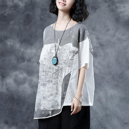 Linen Summer Top Short Sleeve Abstract Pattern White Summer Blouses Shirts