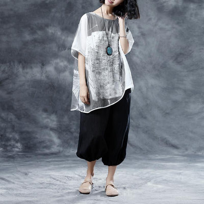 Linen Summer Top Short Sleeve Abstract Pattern White Summer Blouses Shirts