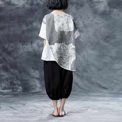 Linen Summer Top Short Sleeve Abstract Pattern White Summer Blouses Shirts