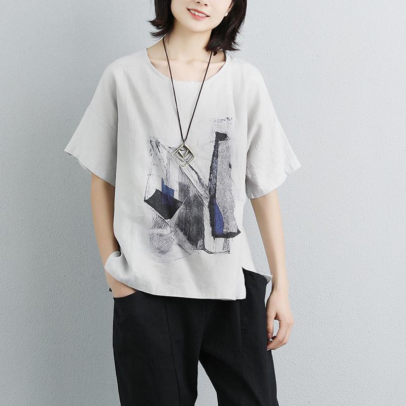 Linen Tops Printed Round Neck Short Sleeve Gray T-shirt