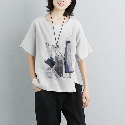 Linen Tops Printed Round Neck Short Sleeve Gray T-shirt