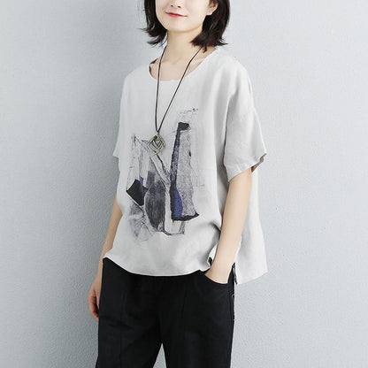 Linen Tops Printed Round Neck Short Sleeve Gray T-shirt