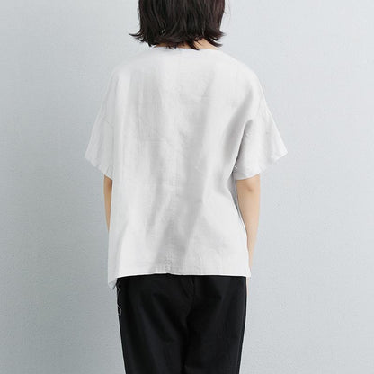 Linen Tops Printed Round Neck Short Sleeve Gray T-shirt