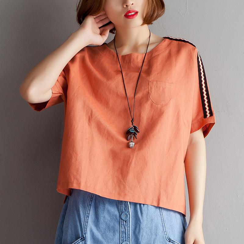 Natural Cotton Linen T Shirt High-low Hem Summer Short Sleeve Orange Blouse
