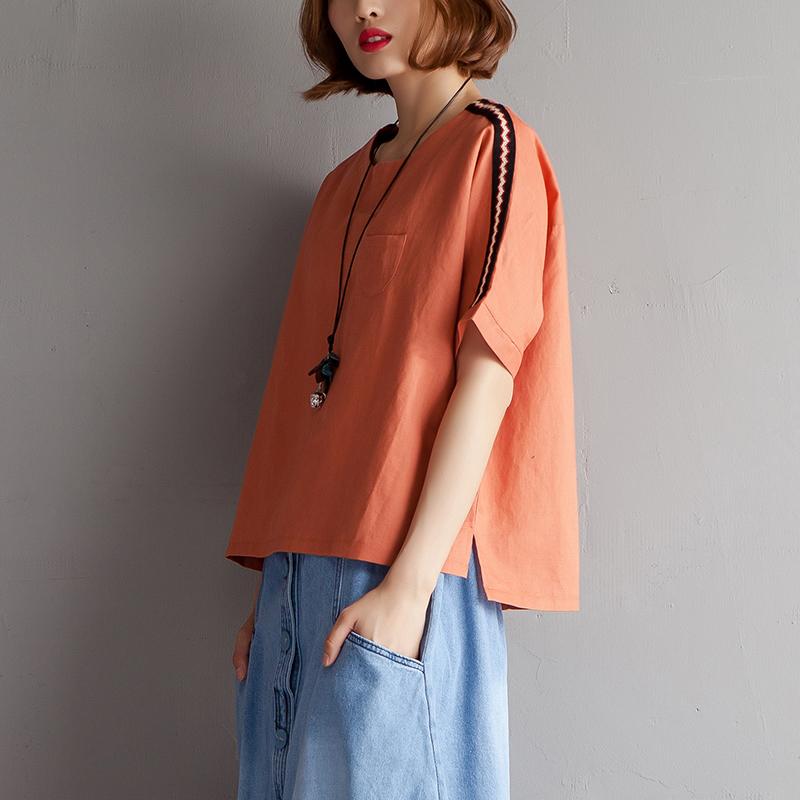 Natural Cotton Linen T Shirt High-low Hem Summer Short Sleeve Orange Blouse