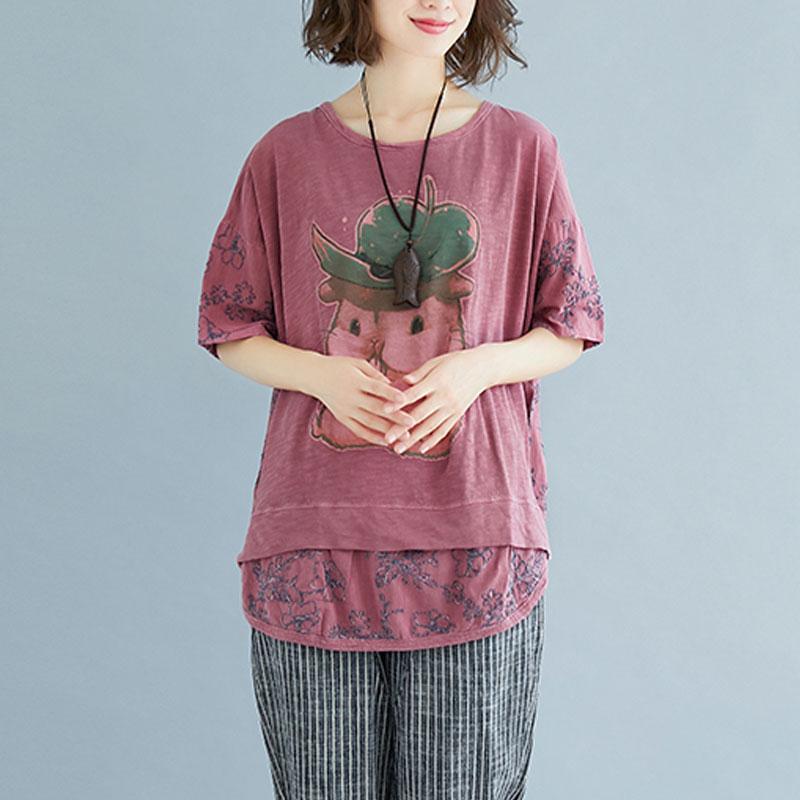 Natural Linen T Shirt Loose Fitting Summer Embroidery Short Sleeve Slit Pink Blouse