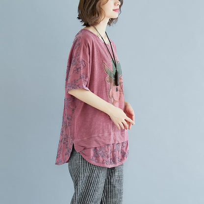 Natural Linen T Shirt Loose Fitting Summer Embroidery Short Sleeve Slit Pink Blouse