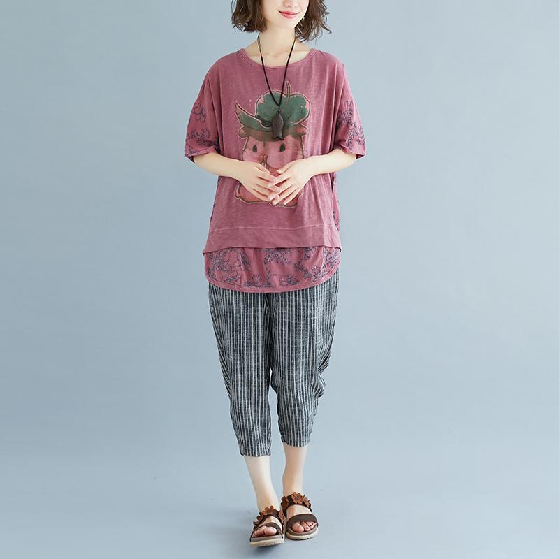 Natural Linen T Shirt Loose Fitting Summer Embroidery Short Sleeve Slit Pink Blouse