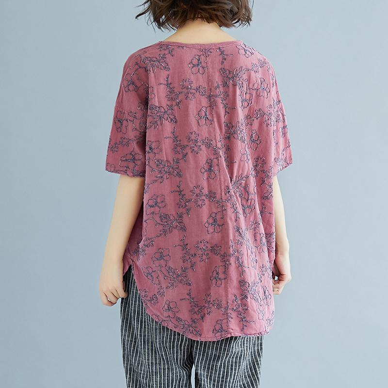 Natural Linen T Shirt Loose Fitting Summer Embroidery Short Sleeve Slit Pink Blouse