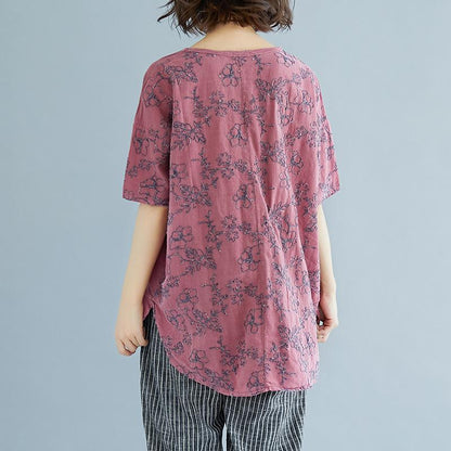Natural Linen T Shirt Loose Fitting Summer Embroidery Short Sleeve Slit Pink Blouse