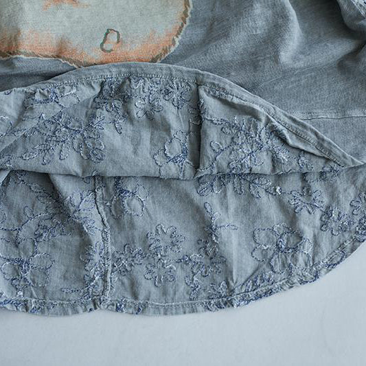 Natural Linen T Shirt Loose Fitting Summer Embroidery Short Sleeve Slit Pink Blouse