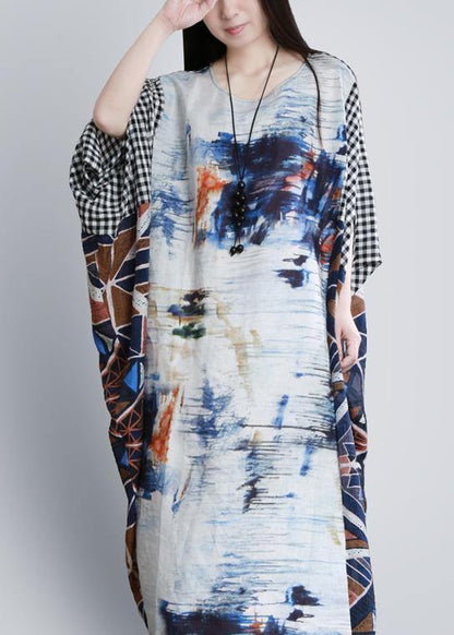O Neck Batwing Sleeve Long Dress Runway Blue White Print Dress