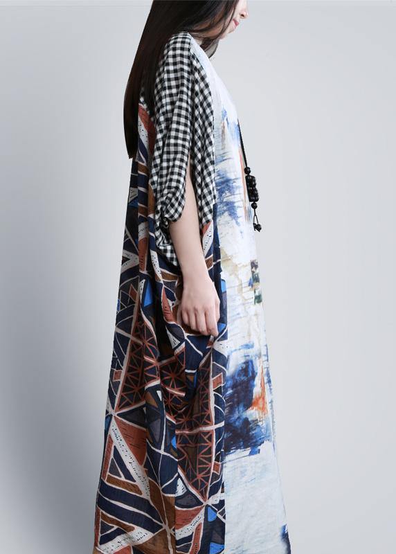 O Neck Batwing Sleeve Long Dress Runway Blue White Print Dress