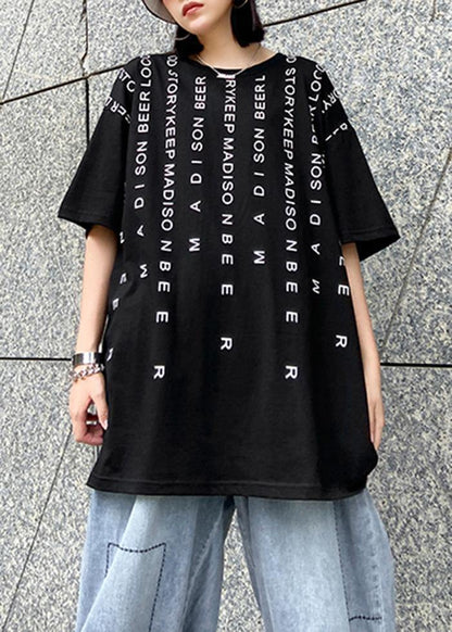 O Neck Back Side Open Cotton Clothes for Tutorials Black Letter Blouse