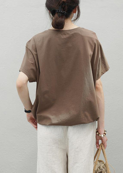 O Neck Drawstring Cotton Top Wardrobes Chocolate Print Shirt