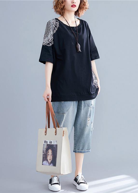 O Neck Half Sleeve Cotton Fabrics Black Print Shirts Summer