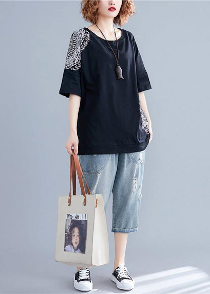 O Neck Half Sleeve Cotton Fabrics Black Print Shirts Summer