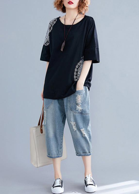 O Neck Half Sleeve Cotton Fabrics Black Print Shirts Summer
