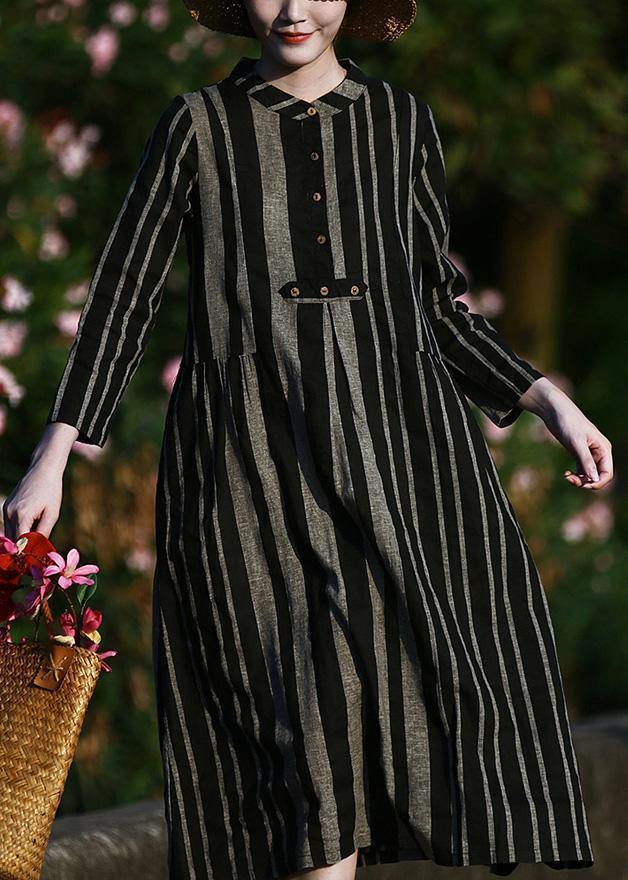 O Neck Linen Spring Clothes for Pattern Black Striped Dresses