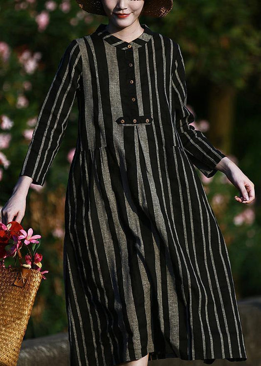 O Neck Linen Spring Clothes for Pattern Black Striped Dresses