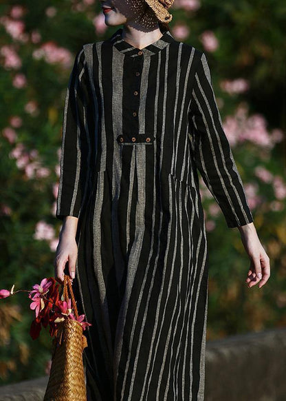O Neck Linen Spring Clothes for Pattern Black Striped Dresses