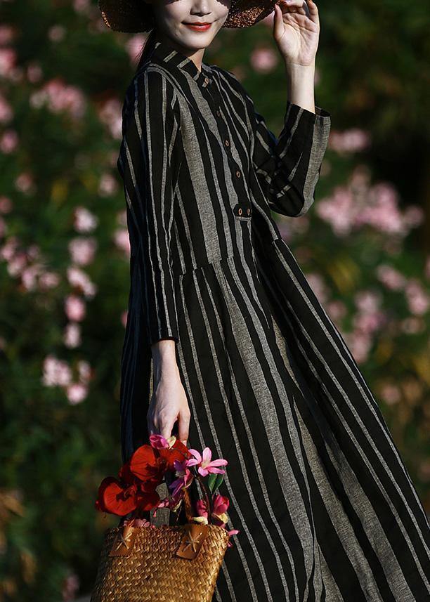 O Neck Linen Spring Clothes for Pattern Black Striped Dresses