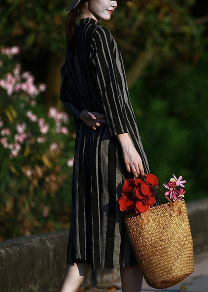 O Neck Linen Spring Clothes for Pattern Black Striped Dresses