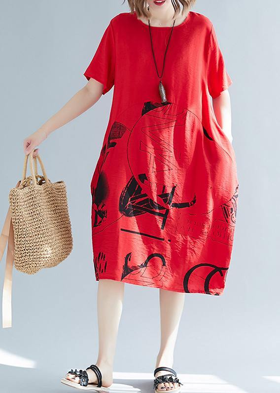 O Neck Patchwork Linen Cotton Clothes Stylish Sewing Red Print Shift Dresses Summer
