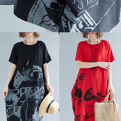 O Neck Patchwork Linen Cotton Clothes Stylish Sewing Red Print Shift Dresses Summer