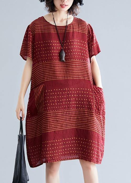 O Neck Pockets Cotton Quilting Dresses Runway Burgundy Dotted Dress