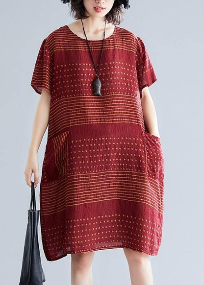 O Neck Pockets Cotton Quilting Dresses Runway Burgundy Dotted Dress