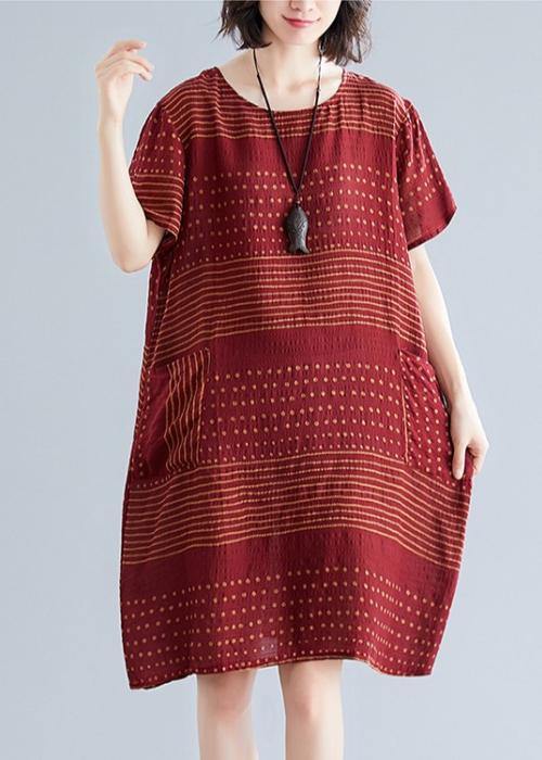 O Neck Pockets Cotton Quilting Dresses Runway Burgundy Dotted Dress