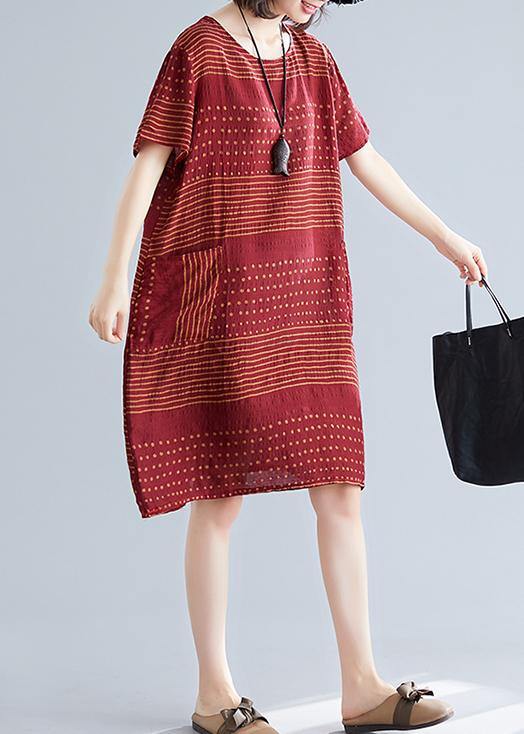 O Neck Pockets Cotton Quilting Dresses Runway Burgundy Dotted Dress