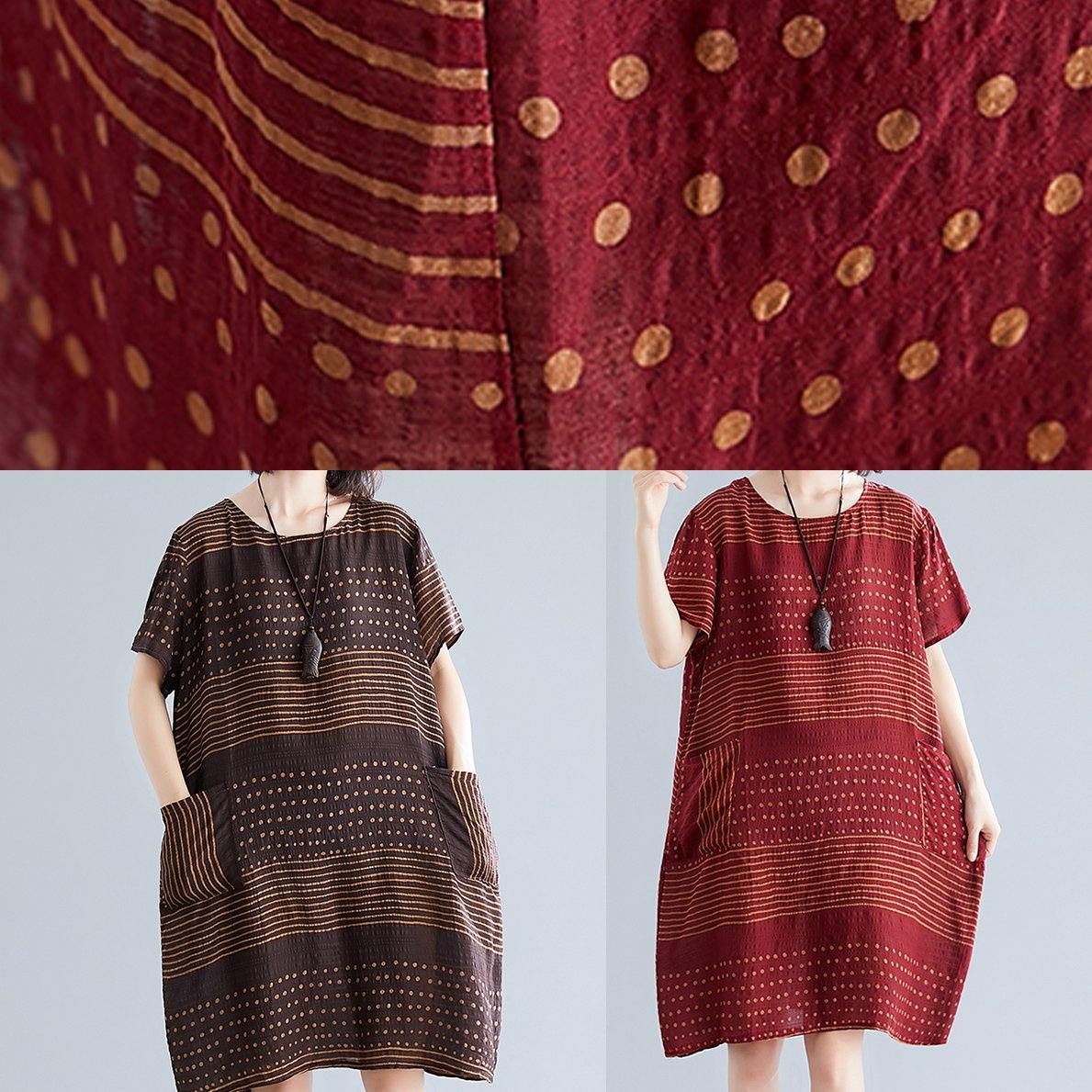O Neck Pockets Cotton Quilting Dresses Runway Burgundy Dotted Dress