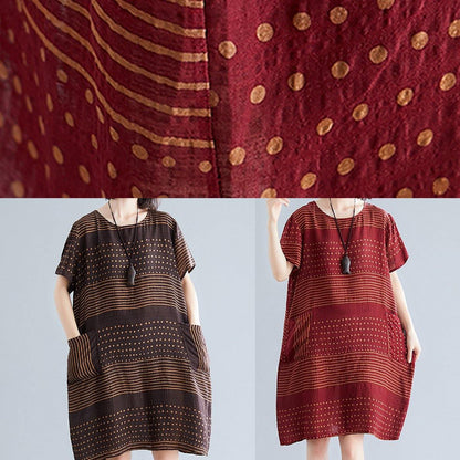 O Neck Pockets Cotton Quilting Dresses Runway Burgundy Dotted Dress
