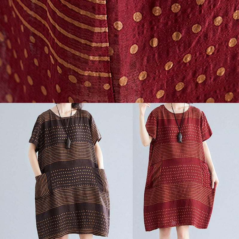 O Neck Pockets Cotton Quilting Dresses Runway Burgundy Dotted Dress