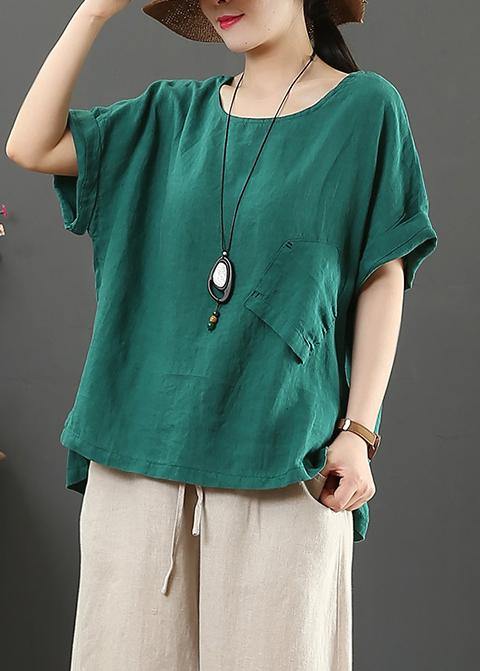 O Neck Pockets Linen Cotton Summer Shirts Green Art Tops