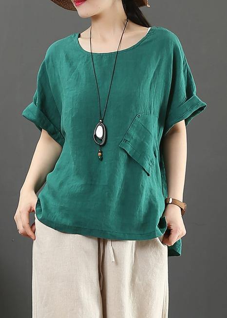O Neck Pockets Linen Cotton Summer Shirts Green Art Tops