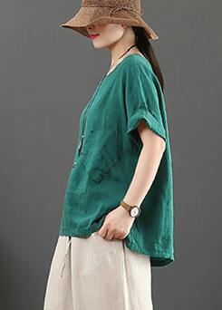 O Neck Pockets Linen Cotton Summer Shirts Green Art Tops