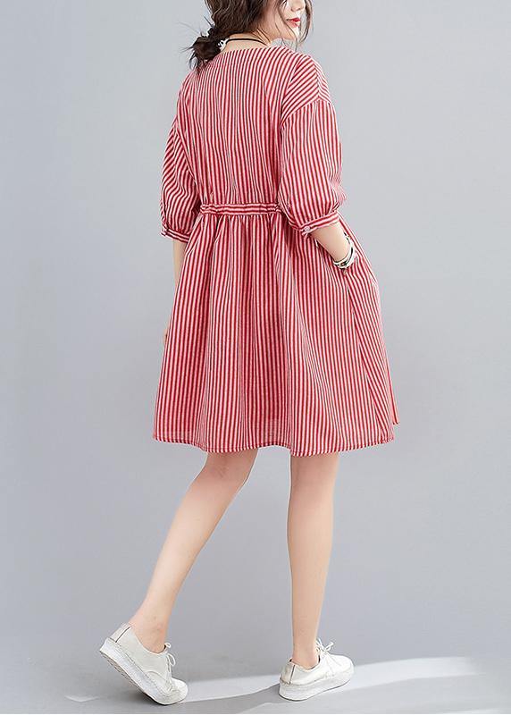 O Neck Pockets Summer Work Outfits Red Striped Dress